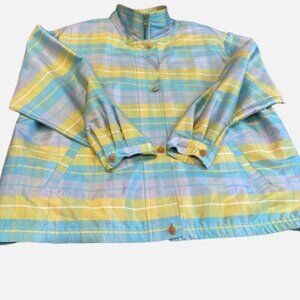 Mureli 100% Silk Aqua Blue Green Plaid Lined Zipper Bomber Jacket (Size XL)